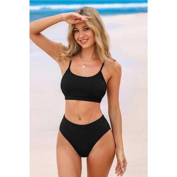 NWT Cupshe Black Textured Bikini Top High-Waisted Bottoms Set - Size Medium - Picture 1 of 3